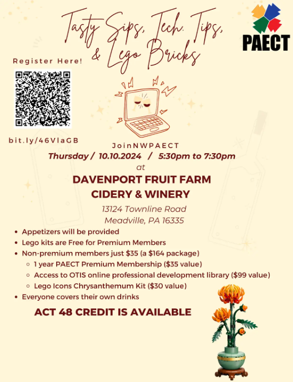 Join <a href="/nwpaect/">nwpaect</a>  at Davenport Winery in Meadville, PA, for a fun night of tech talk and Lego building! Register: paect.org/event-5842095?…