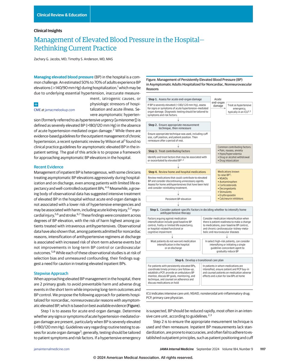 Elevated blood pressure in the hospital is common and most often asymptomatic. This Clinical Insight article by @TimAndersonMD and @ZacharyGJacobs proposes a new framework for managing asymptomatic blood pressure elevation in the hospital setting. ja.ma/3Xm9f02