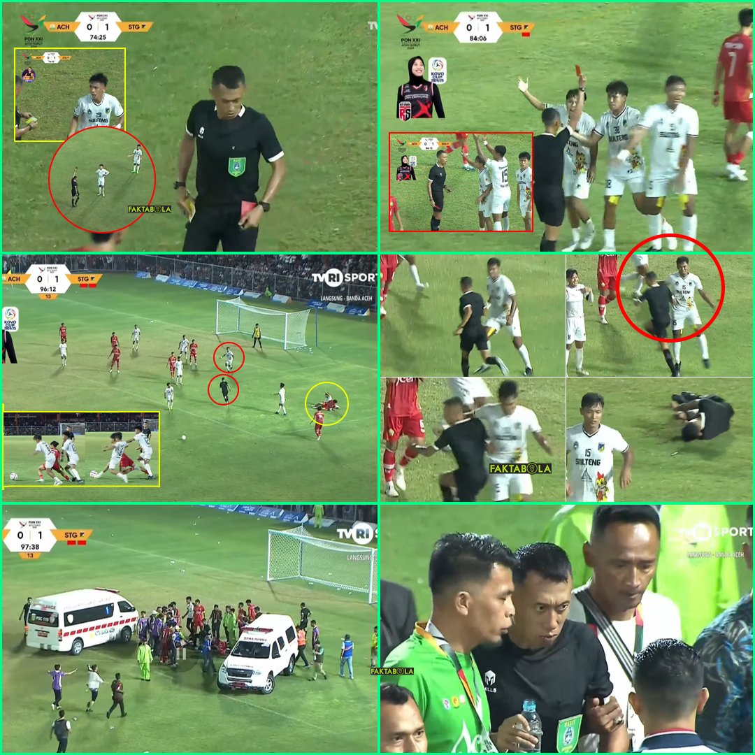FaktaSepakbola's tweet image. Sementara itu di pertandingan sepakbola 8 besar PON antara Aceh vs Sulawesi Tengah..... wasit terkena bogem pemain.
→ 75' wasit memberikan kartu merah untuk pemain Sulteng
→ 84' wasit memberikan kartu merah untuk pemain Sulteng
→ 90+6' pemain Aceh terjatuh di kotak penalti,