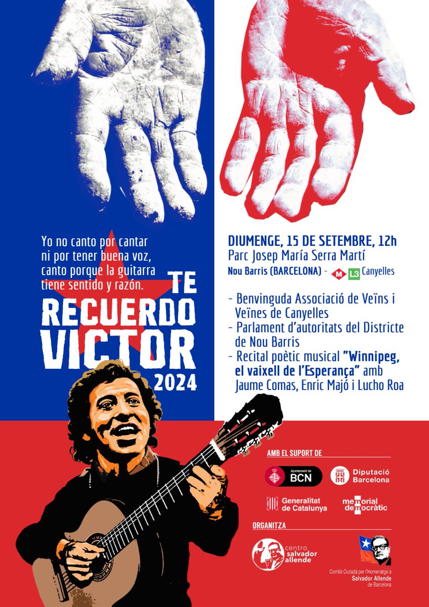 Mañana a las 12hs les esperamos en el homenaje a #VíctorJara "Te recuerdo Víctor" en el Parque Josep Maria Serra Martí en el <a href="/Bcn_NouBarris/">Districte de Nou Barris</a>
Parlamento institucional de <a href="/carolainrc/">Carolina Recio</a> #XavierMarce y recital poético-musical a cargo de los actos Enric Majó, Jaume Comas y Lucho Roa