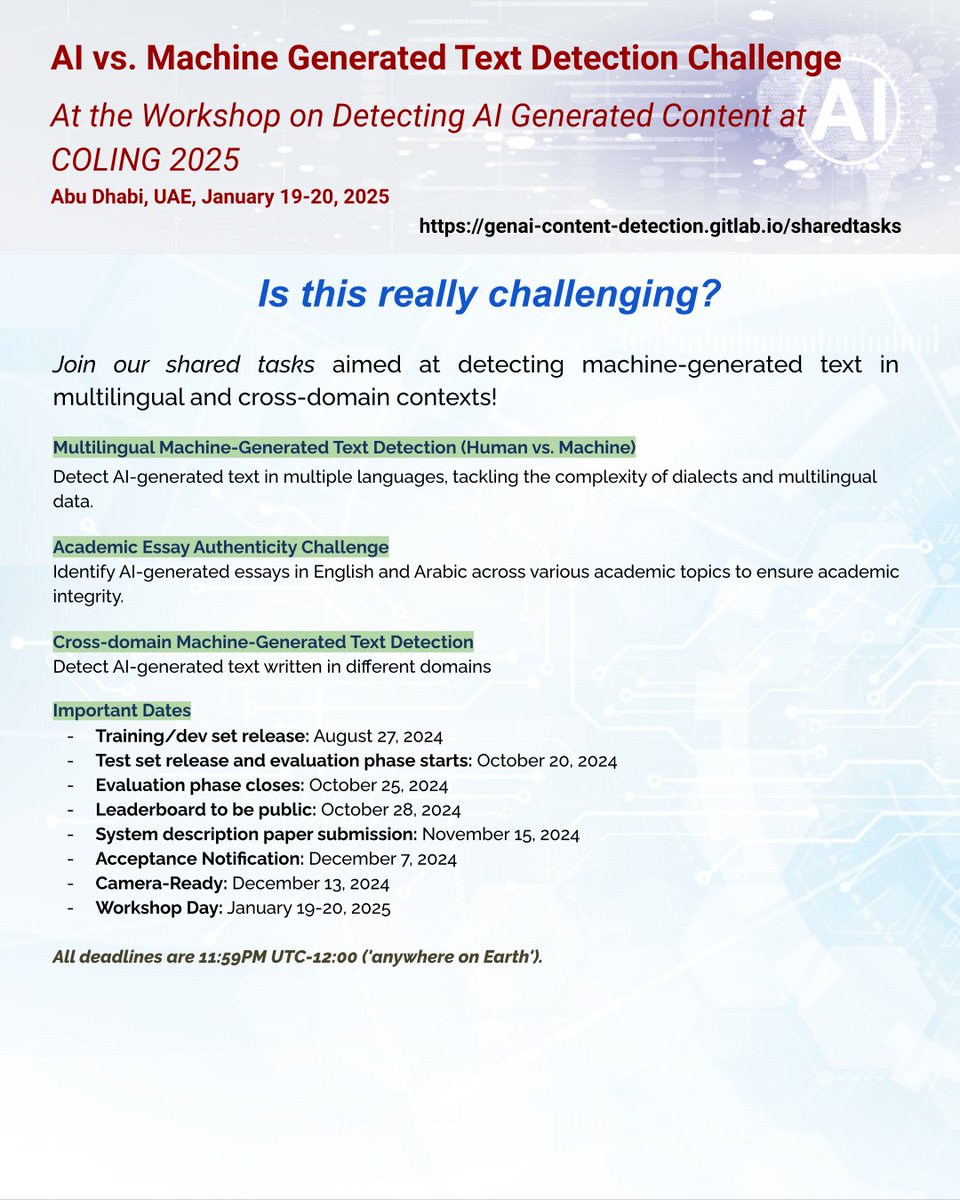 #NLProc,
At GenAI content detection workshop collocated with COLING 2025, we are organizing three shared tasks. If you want to take on a challenge, please participate in the tasks we offer.

Find more info: 
genai-content-detection.gitlab.io/sharedtasks

#AI #GenAI #ContentDetection #SharedTasks