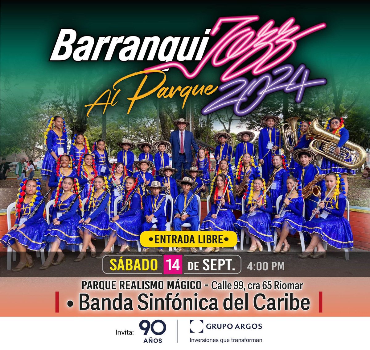 Hoy llegamos a un nuevo escenario. 🎹

El Parque Realismo mágico recibe a la Banda Sinfónica del Caribe como parte de la programación de #Barranquijazz al parque ¡Los esperamos! 👍🏻 🎺

#EntradaLibre #90añosGrupoArgos #InversionesqueTransforman <a href="/Grupo_Argos/">Grupo Argos</a>
