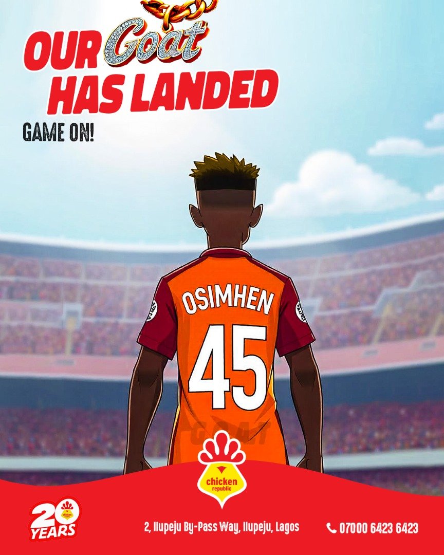 ChickenRepublic's tweet photo. New club, same GOAT energy!😤🐐  First match for Galatasaray today, and we dey sure say Osimhen go scatter pitch!

We go declare GOAT combo for 100 fans—as far as Osimhen scores! To qualify, be among the first 100 to retweet this and tag @victorosimhen9 . Let's gooo! https://t.co/tfLRdBKrrR