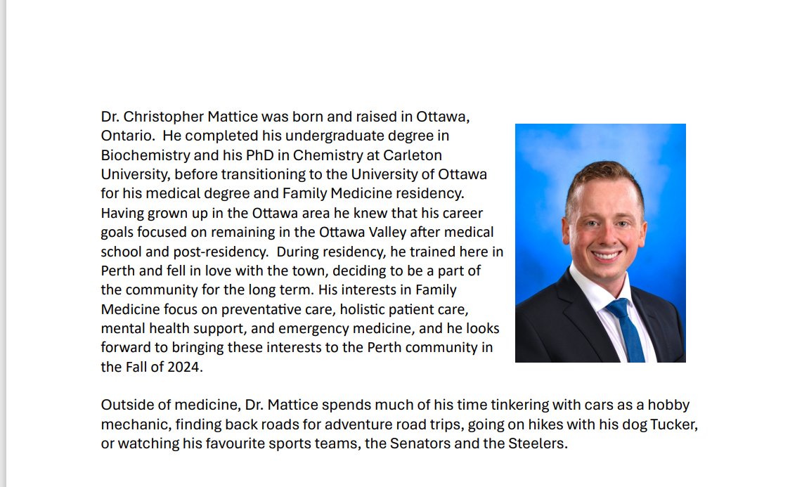 A new physician is coming to Perth and will begin practicing at the Elliot Street Clinic location beginning in October.
As I begin the process of slowing down clinically, Chris has agreed to look after some of my patients, for which I am exceedingly grateful.