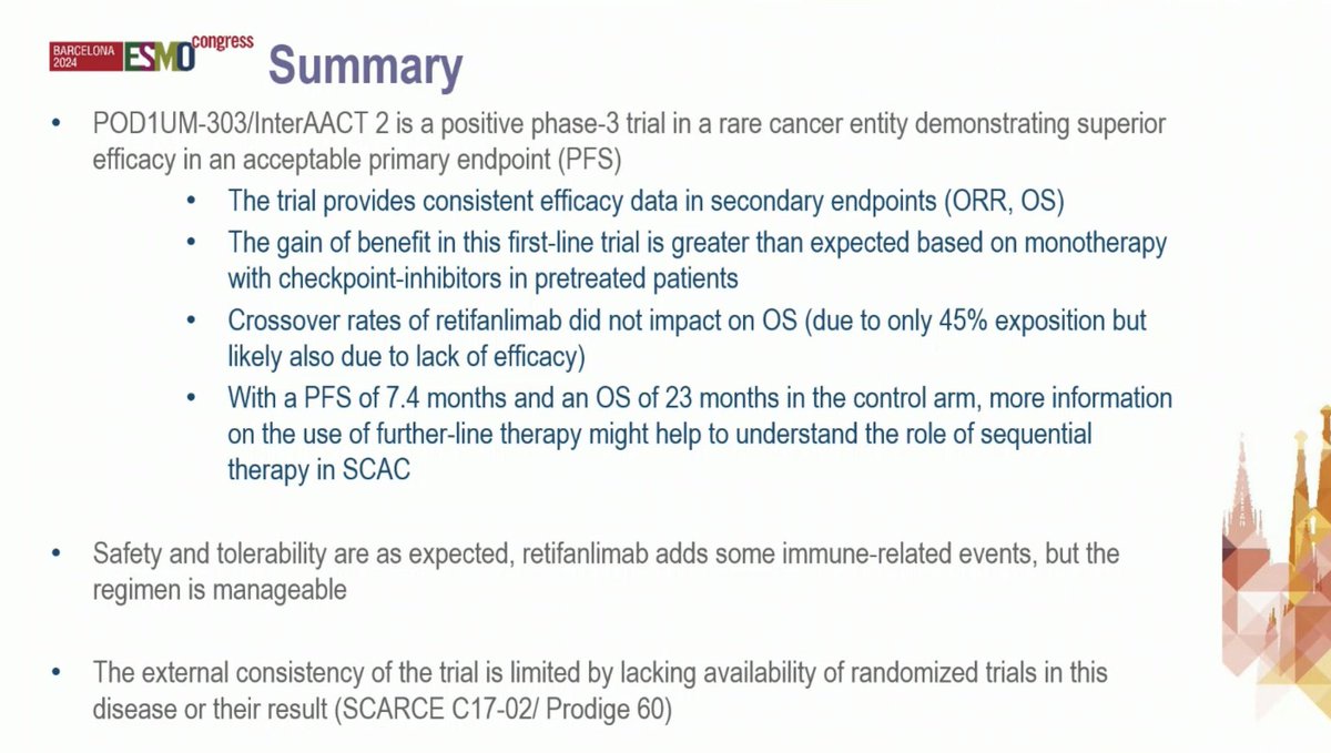OncBrothers's tweet photo. 7. #POD1UM303: Ph III, recurrent or 1L metastatic squamous cell anal carcinoma, Carbo-Pac +/- Retifanlimab (anti-PD1):

- ⬆️ mPFS: 9.3mos vs 7.4mos (HR 0.63)
- ⬆️ mOS: 29.2mos vs 23mos (HR 0.70)
- ORR 55.8% vs 44.2%
- New SoC in 1L anal cancer

8/9 https://t.co/mCPaHMwrOi