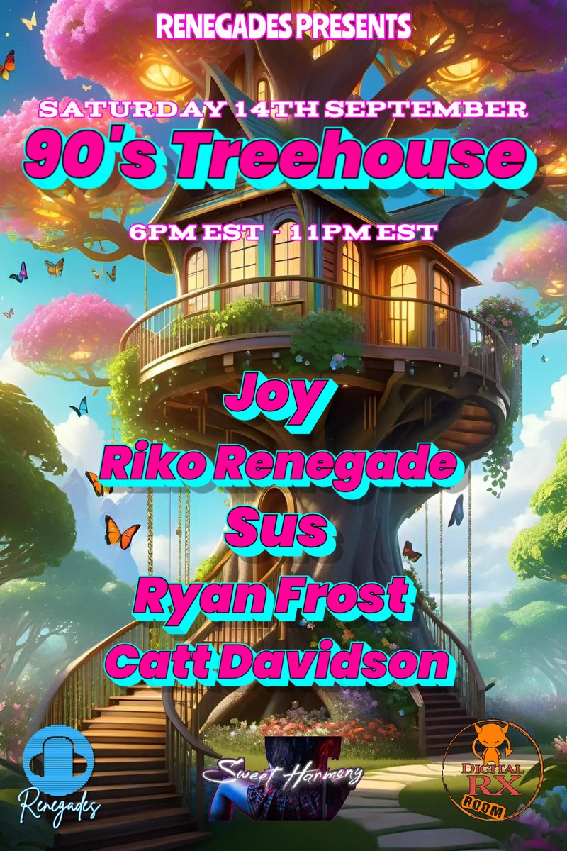 Tonight! Saturday September 14th at 6pm ET is the Renegades 90's Treehouse! Featuring music from DJ Joy, Riko Renegade, <a href="/Alystina3dx/">Alystina - DJ Sus</a> , @RyanFrostFV , <a href="/catt_davidson/">Catt Davidson</a> 
Come party to hits from the 90's!
#drxroom #3dxchat