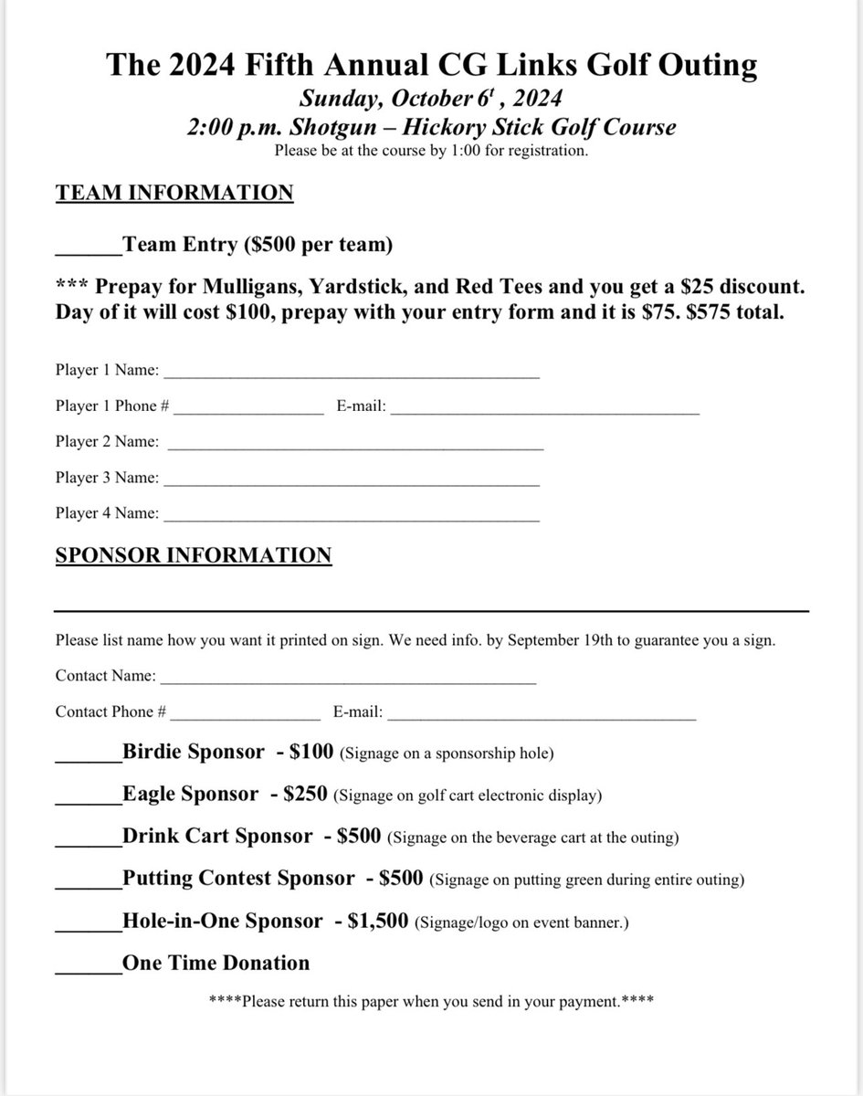 The 2024 CG Links Golf outing is only a few weeks away!

We are still looking for teams and sponsors interested in helping to support all of CG Golf!