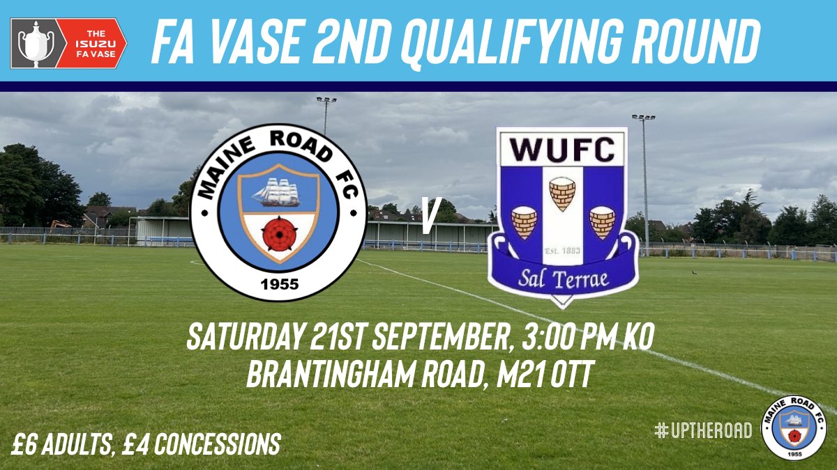 ⚽️ Matchday #14

🏡 The Road to Wembley  🔵⚪️

🆚 <a href="/WinsfordUnited/">Winsford United</a> 
🏟️ Brantingham Road, M21 0TT 
🏆 FA Vase 2nd Qualifying Round
📆 Saturday 21st September
🕒 3:00pm
🎟️ £6 adults, £4 concessions
📖 £2.50 programme
💳 Card Accepted
🐶 Dogs welcome

#UpTheRoad