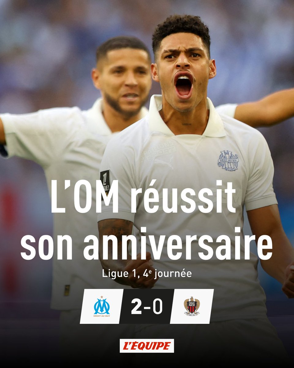L'OM a fêté ses 125 ans en remportant ce samedi contre Nice son troisième match en quatre journées (2-0). Les Marseillais comptent un point d'avance sur le PSG, qui affronte Brest à 21 heures. ow.ly/x3ja50TnC0Z