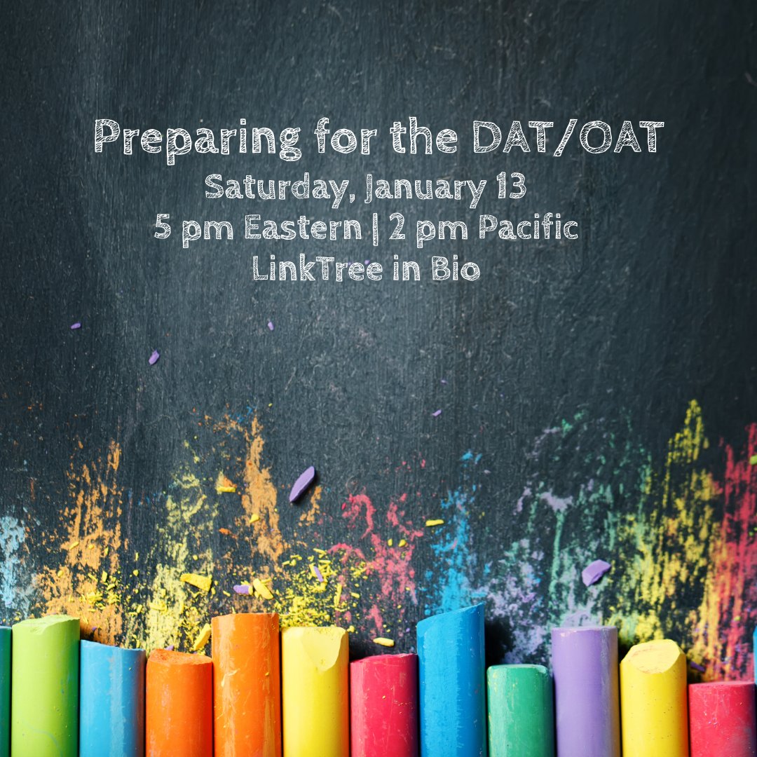 IcosaPrep's tweet image. Are you taking the DAT/OAT in January or March of 2025? There's still time to sign up and learn about the DAT/OAT! Find all my events on my LinkTree: linktr.ee/Icosaprep. #dat #oat #datprep #oatprep #predent #predental #predentstudent #preopt #preoptometry #preoptstudent