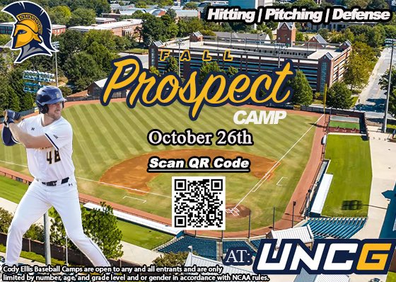 🚨 Prospect Camp 🚨 

Sign up for our Fall Prospect Camp on October 26th! You will be evaluated by our championship staff and other college coaches in attendance! We want to see you there! 

Register here! ➡️ codyellisbaseballcamps.com