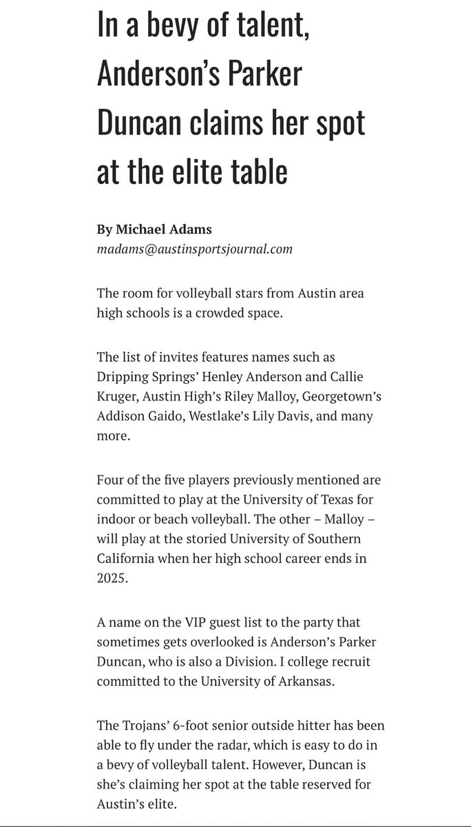 parker_duncan44's tweet photo. Thank you so much @ASJSportsATX for recognizing me and my team!! @AustinJuniors @AHSTrojanVball @RazorbackVB https://t.co/dVzSGj8jFR