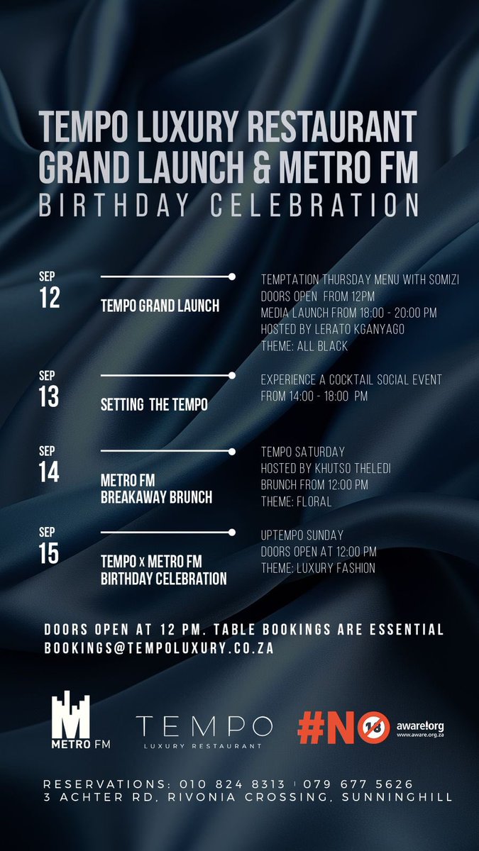 tswana_gent's tweet photo. End your week on a good note 🥺 Tomorrow is the last day to celebrate #TEMPOGrandLaunch since the official launch 🔥🚀

Tempo x Metro FM on a Sunday? its definitely a place to be 🤭 Let’s make it an unforgettable experience 😉

🚨Theme: Luxury Fashion🚨 

Doors open at 12pm 🫵🏾 https://t.co/XN5I1HTDT4