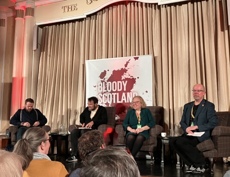 elenikwriter's tweet photo. Loved taking part in @BloodyScotland - thank you to @davidbishop for his expert hosting skills (and amazing footwear), and #DavidGreig and @AJWestAuthor for making it such fun. And, of course, everyone who came, asked questions and bought books. Readers are the BEST https://t.co/mplYIINnWl