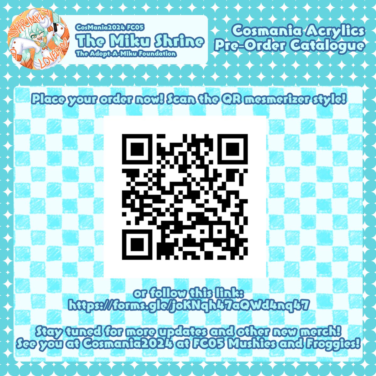 Gabagool The Miku Shrine will be at Cosmania 2024 and I will be opening pre-orders for some of my new merch!

I will be releasing Acrylic Standees this time and each purchase will come with some bonuses

Pre-order through this link:
forms.gle/joKNqh47aQWd4n…