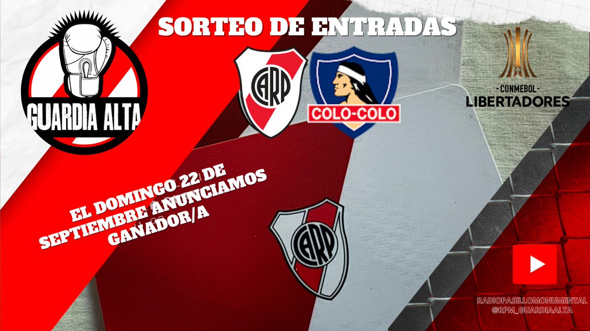 Sebasrur's tweet image. 💣#River SORTEO 2 ENTRADAS:
#CopaLibertadores 🆚Colo Colo en el Monumental.

☑️Reglas para participar:

1) Suscribirse al canal de YT de RPM "Guardia Alta"👇
n9.cl/xblph

2) Seguir en X: @sebasrur y @fabiandecesare 

3) RT este posteo

🚨Domingo 22/9 habrá ganador/a