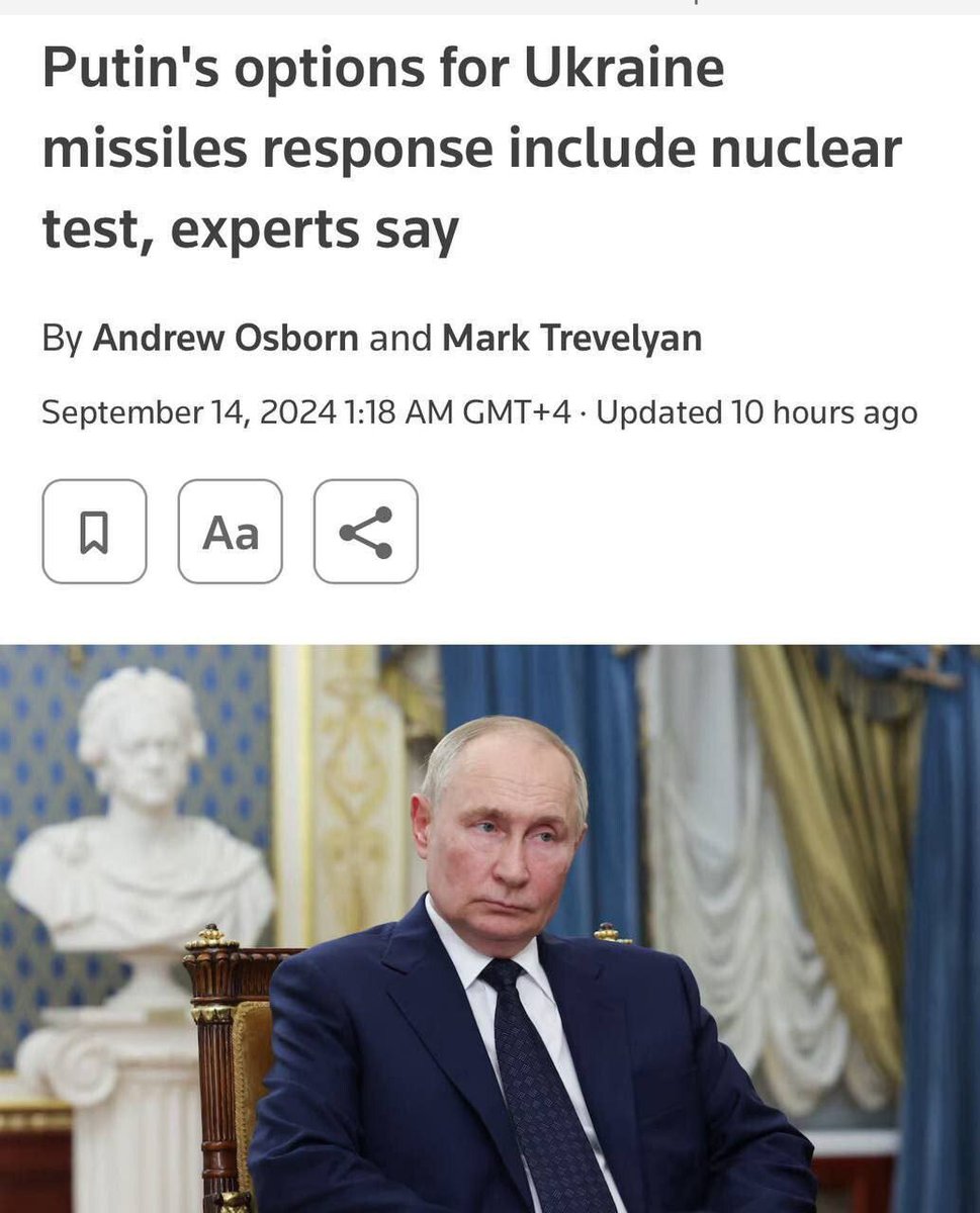 DDGeopoliticsES's tweet photo. Reuters: Rusia admite la posibilidad de un ataque nuclear

"Rusia puede realizar pruebas nucleares por primera vez desde 1990 en respuesta al permiso de Ucrania para utilizar misiles occidentales de largo alcance para atacar territorio ruso ", escribe Reuters, citando a analistas.

La publicación dice que Rusia podría detonar un arma nuclear táctica “en algún lugar del este del país”, para demostrar lo que significa la frase “eventualmente recurriremos a las armas nucleares”.