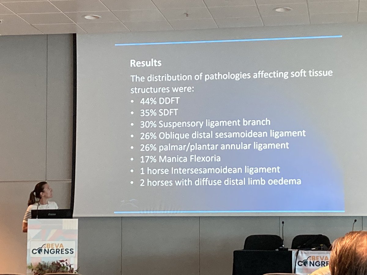 BowkettCon34945's tweet photo. Continuing the subject of the digital flexor tendon sheath, Vanessa Peter from @RossdalesVets presents MRI findings of horses with lameness localised to the sheath. All horses with soft tissue injury had more than one structure affected @BEVA_news @EVJltd @EVJeditor https://t.co/JV32aP8gPA