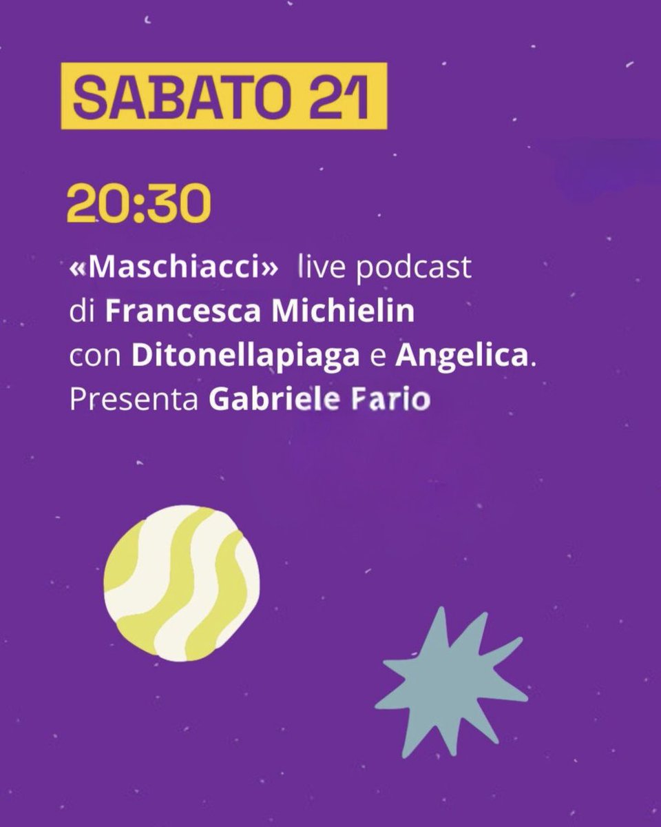 francescacheeks's tweet photo. Sabato 21 vi aspetto dalle 20.30 per una puntata live di #Maschiacci in piazza Garibaldi a Parma 💫 all’interno del #festivaldiopen @Open_gol. Sul palco con me @ditonellapiaga e Angelica. 💜
@gabrielefaz https://t.co/S4USUA0vE8