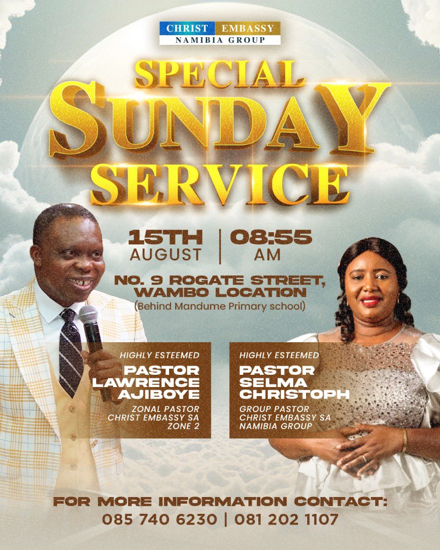 ce_namibia's tweet photo. Special invitation 

It's the Special Sunday Service with the Zonal Pastor, The Highly Esteemed pastor Law‼️

#cenamibia
#cesazone2
#saregion https://t.co/3C65qsnA3b