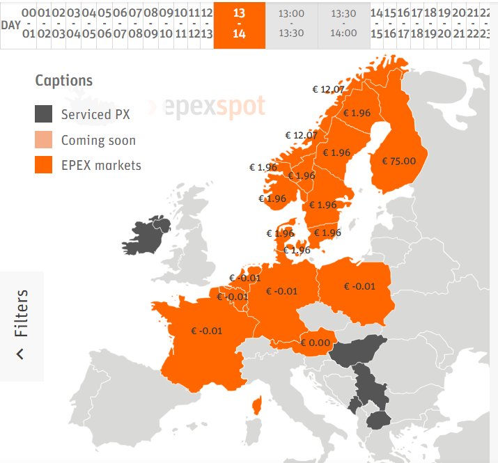 Morgen tussen 11 en 16 uur gratis stroom in bijna geheel Europa. Ook in landen als Zwitserland, Spanje, Tsjechië, Slowakije, Roemenië en Hongarije.
Uitzonderingen zijn Finland en UK.
Data EPEX