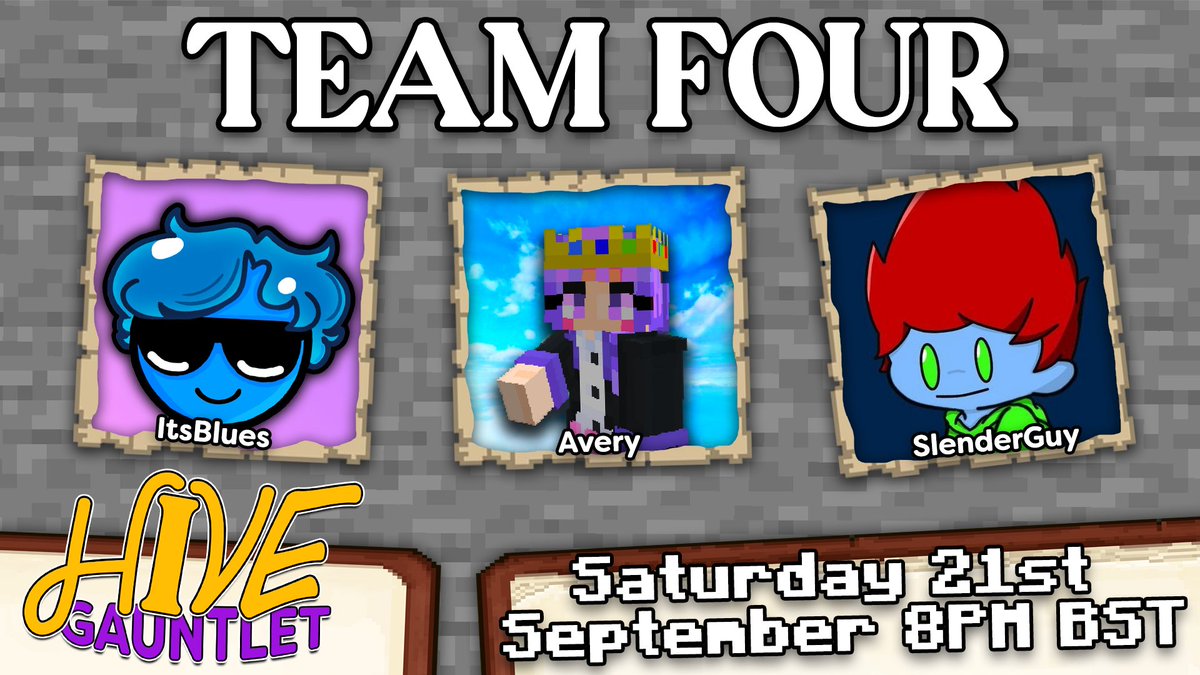 ⚔️ Team Four: <a href="/ItsBluesYT/">Blues</a>, <a href="/AmpleAvery/">Avery 🇨🇦</a> &amp; <a href="/SlenderGuyXD/">SlenderGuy</a> 

Watch this gang  battle it out against our other 12 creators on Saturday 21st at 8PM BST! 🏇