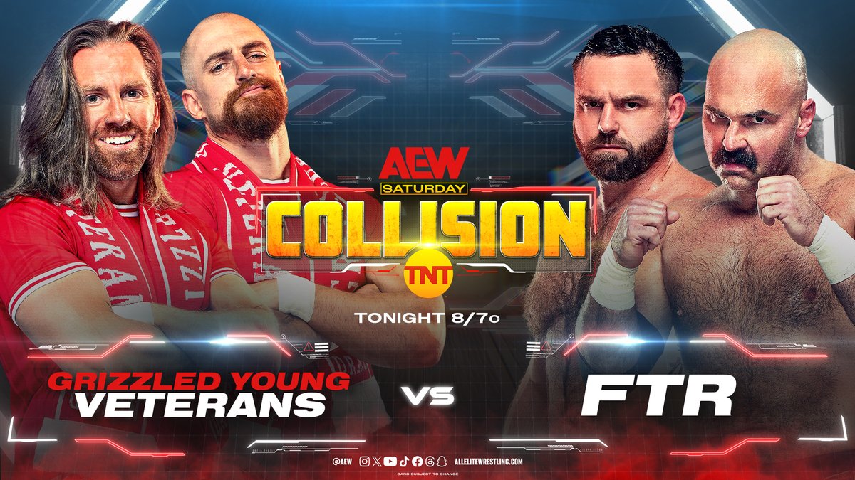 AEWonTV's tweet image. Two of the hardest-hitting tag teams in pro wrestling square off TONIGHT as the Grizzled Young Veterans and FTR on #AEWCollision!

Action kicks off at 8/7c only on TNT