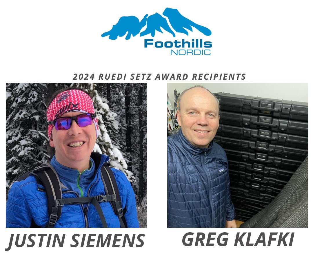 A huge shoutout and 10,000 thanks to Justin Siemens and Greg Klafki, the 2024 Ruedi Setz recipients! Your dedication, countless hours, and invaluable contributions to Foothills Nordic Ski Club have truly made a difference. We are beyond grateful for your hard work and commitment!