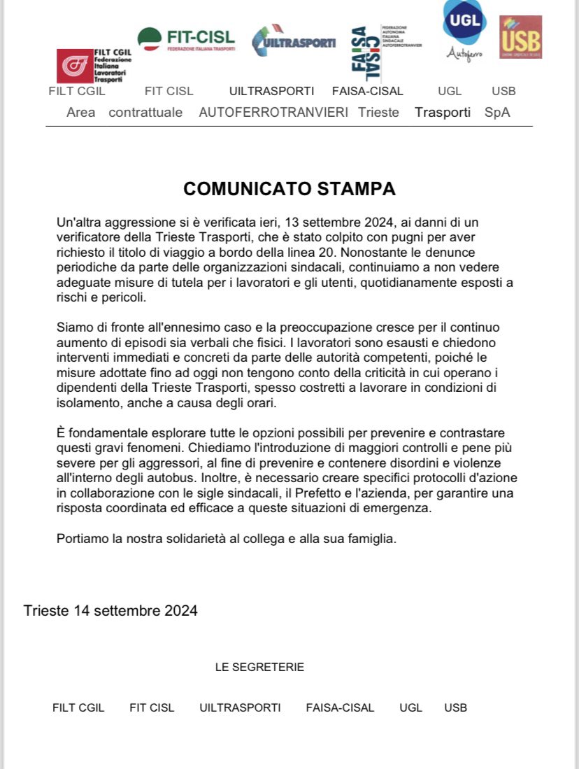 E ora di dire basta a questa escalation di violenza a bordo dei bus di @muoversitrieste ! Ugl Autoferrotranvieri di Trieste chiede provvedimenti immediati. <a href="/FmMilloch/">Seg. Naz. Ugl-Fna</a> <a href="/tplfvg/">Tpl Fvg</a> <a href="/regioneFVGit/">Regione FVG</a>