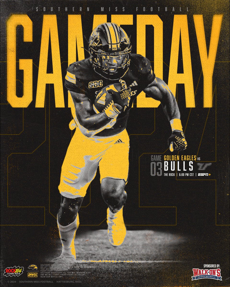 𝗚𝗘𝗧 𝗨𝗣. 𝗜𝗧'𝗦 𝗚𝗔𝗠𝗘 𝗗𝗔𝗬. 😈

🆚 » South Florida 
📍 » M.M. Roberts Stadium
⌚️ » 6 PM
📺 » ESPN+
➡️ » linktr.ee/southernmissfb
🎟️ » smttt.info/FBTix