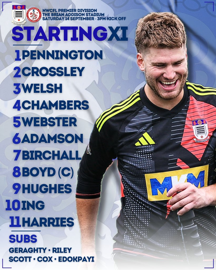 📋| 𝗦𝘁𝗮𝗿𝘁𝗶𝗻𝗴 𝗫𝗜

👥 Here’s how we line up for today’s game against <a href="/ChaddertonFC/">Chadderton FC</a>.👇

🔷 #WeAreGate | <a href="/JTA__Media/">JTA Media</a>