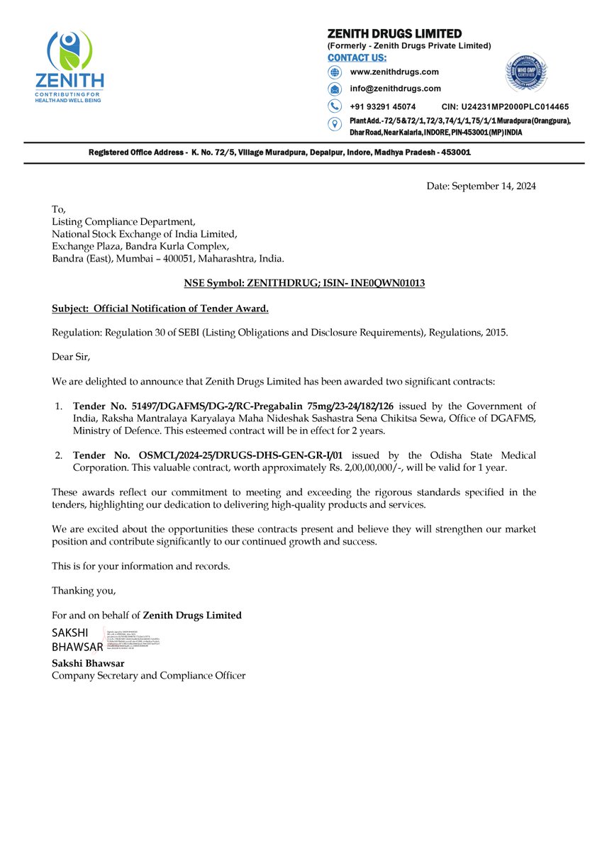 nileshkurhade's tweet photo. 📌 Zenith Drugs Ltd informed the exchange about being awarded two significant contracts. One contract is from the Ministry of Defence for Pregabalin 75mg for 2 years, and another from Odisha State Medical Corporation worth approximately ₹2,00,00,000 for 1 year. #SME #ZENITHDRUG 💊📑