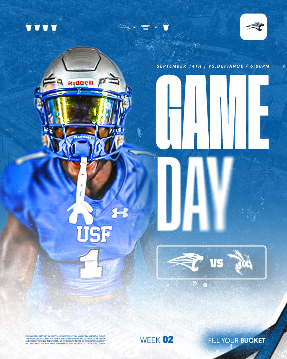 usf_fb's tweet photo. IT’S GAMEDAY AT D’ARCY!

🆚 : Defiance 
📍 : Bishop D’arcy Stadium (Fort Wayne, IN) 
📅 : Saturday, Sept. 14
🕞 : 6:00 PM 
🎟️ : https://t.co/Ux0oFD0fXB
📺 : https://t.co/TF0hY6AyKr 
📊 : https://t.co/NUvo8koxNG

#GoCougs🐾 | #FillYourBucket https://t.co/zRrsISBdt2