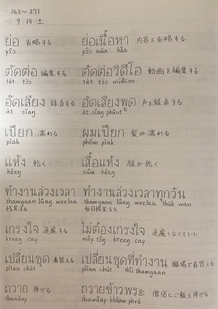 mika_foreignlan's tweet photo. 9/14(土)の学習
約1時間半
・Drops
・動詞363〜371(9つ)
ย่อ 省略する
ตัดต่อ 編集する
อัดเสียง 録音する
เปียก 濡れる
แห้ง 乾く
ทำงานล่วงเวลา 残業する
เกรงใจ 遠慮する
เปลี่ยนชุด 着替える
ถวาย 捧げる
#タイ語学習
#day93
#2month
#タイトレさんの動詞600 https://t.co/KKbpUlSd1b