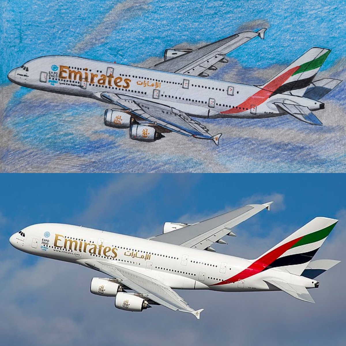 AircraftBy's tweet image. My drawing vs real photo of Airbus A380 of @emirates ✈️🇦🇪
#Emirates #FlyEmiratesFlyBetter #flyEmirates #A380 #Airbus #drawing #Expo2020 #DubaiExpo #planes #art #traveling #DubaiTravel #superjumbo #airliner