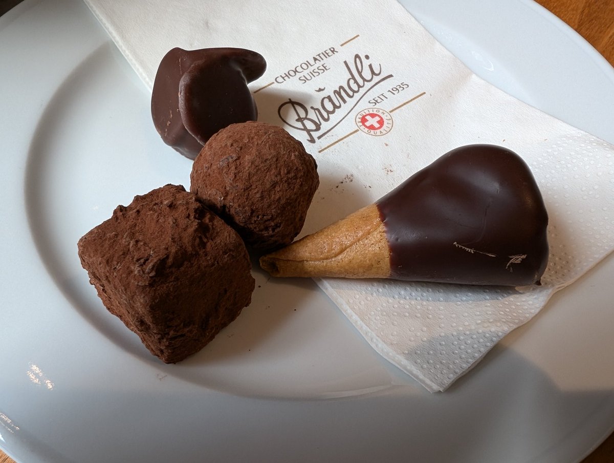 Our favourite tea room ... These accompanied a nice pot of Earl Grey tea / coffee .....  dark chocolates - ganache, crokant and Nutella type filling.