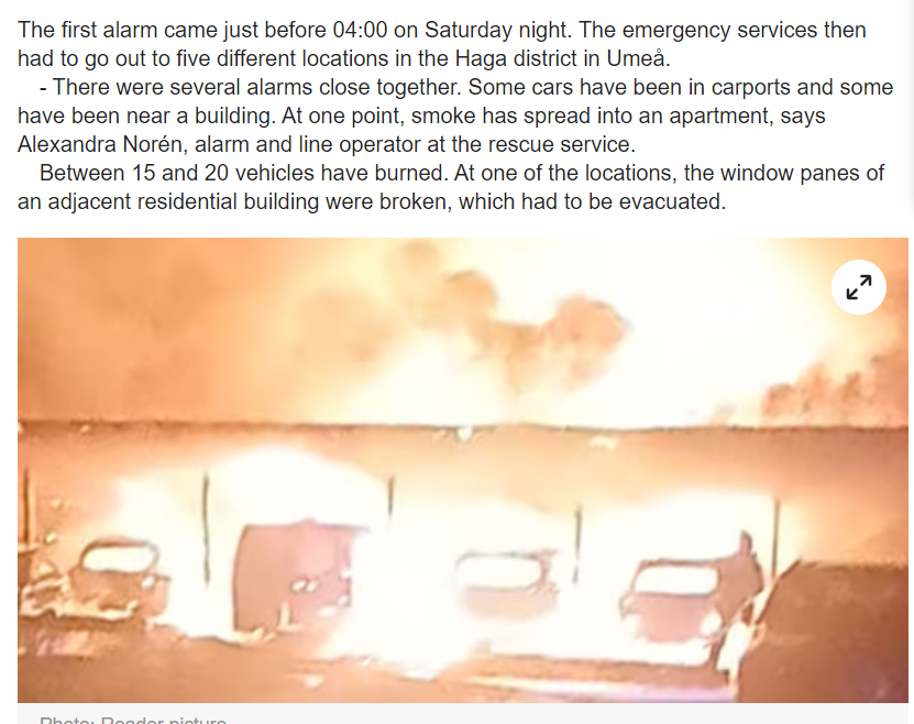 WilliamCobbett4's tweet image. It's not just Southern #Swedish cities like Malmö, Gothenburg or Stockholm which get to celebrate the joys of mass immigration.

In far north Umeå last night, around 20 cars burnt in various locations..

#Carfires #immigraiton #Umeå