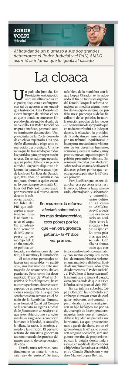 Me sorprende el tono duro -durísimo- de gente como <a href="/jvolpi/">Jorge Volpi</a> que no era fervientemente anti obradorista, y que fueron muy críticos del antiguo régimen, frente a la reforma judicial aprobada y la  crítica a la forma en que termina el gobierno de <a href="/lopezobrador_/">Andrés Manuel</a> ¿De verdad así tenían