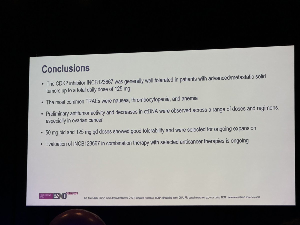 LorenzaRimassa's tweet photo. At #ESMO24 #MatteoSimonelli @HUNIMED @HumanitasMilano presents phase 1 data of #INCB123667 a #CDK2 inhibitor in patients with advanced solid tumors @myESMO #ESMOAmbassadors https://t.co/kFradZNO8A