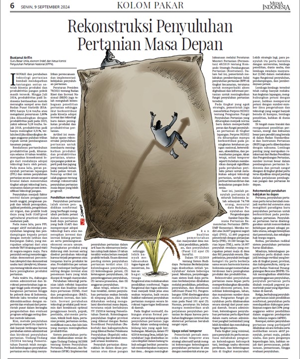 Jika berkenan membaca, pada Senin 9 September 2024 saya menulis artikel "Rekonstruksi Penyuluhan Pertanian Masa Depan" di Media Indonesia. Saran dan komentar ditunggu. Terima kasih. epaper.mediaindonesia.com/detail/rekonst…
