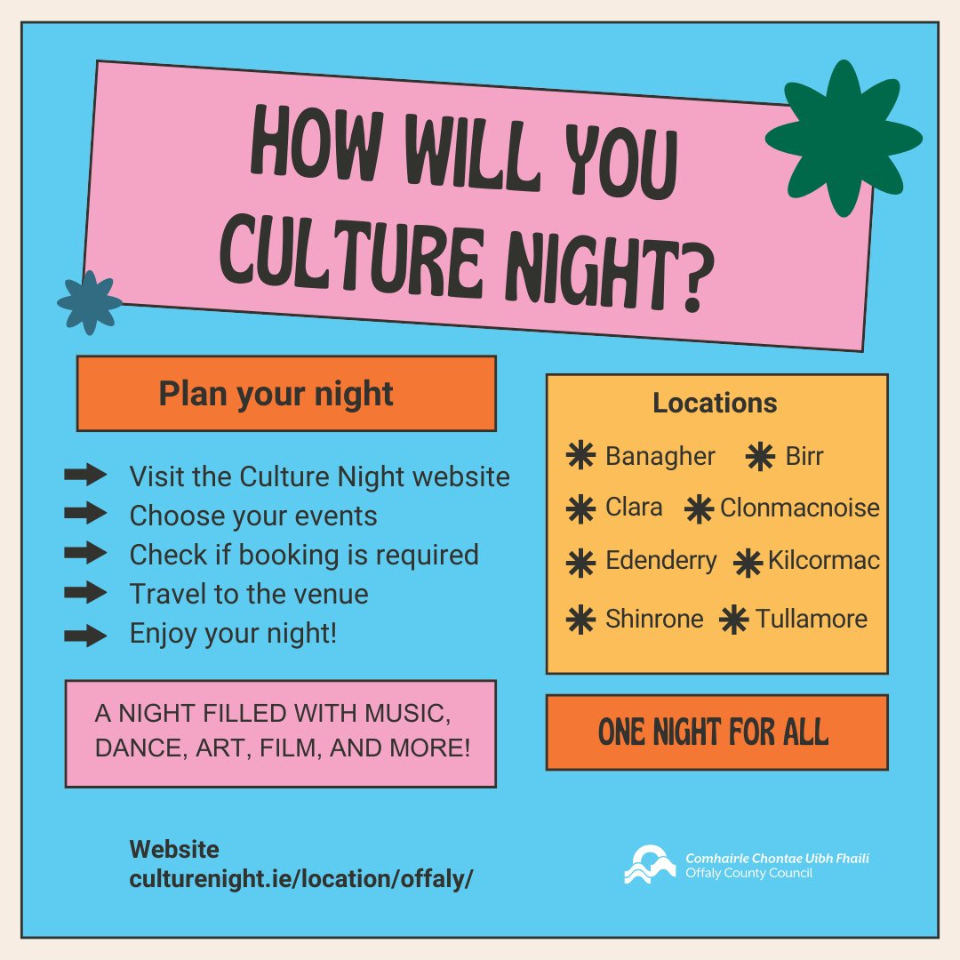 Today is the day 🎉 Experience the magic of Culture Night 2024 in Offaly! 

Full programme of activities in Offaly is available at offaly.ie/culture-night-…

#CultureNight #OícheChultúir #OneNightForAll #OícheDárSaol