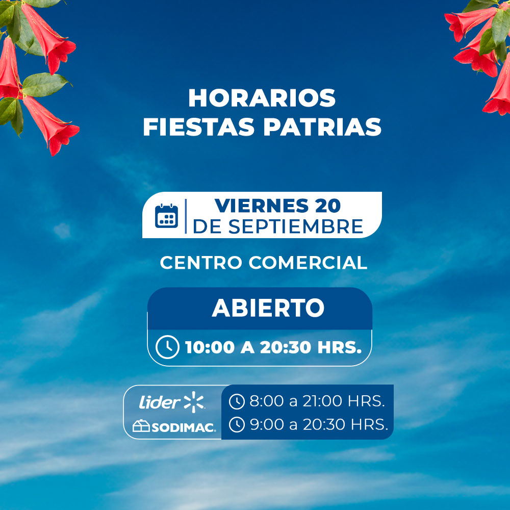 ¡Se acerca el 18! 🇨🇱🎉 Desliza y conoce  nuestros horarios para estas Fiestas Patrias 🕜📆 ¡Planifica tus compras!

Te esperamos en #PlazaMaule ahora más que nunca El Mejor Lugar 🙌