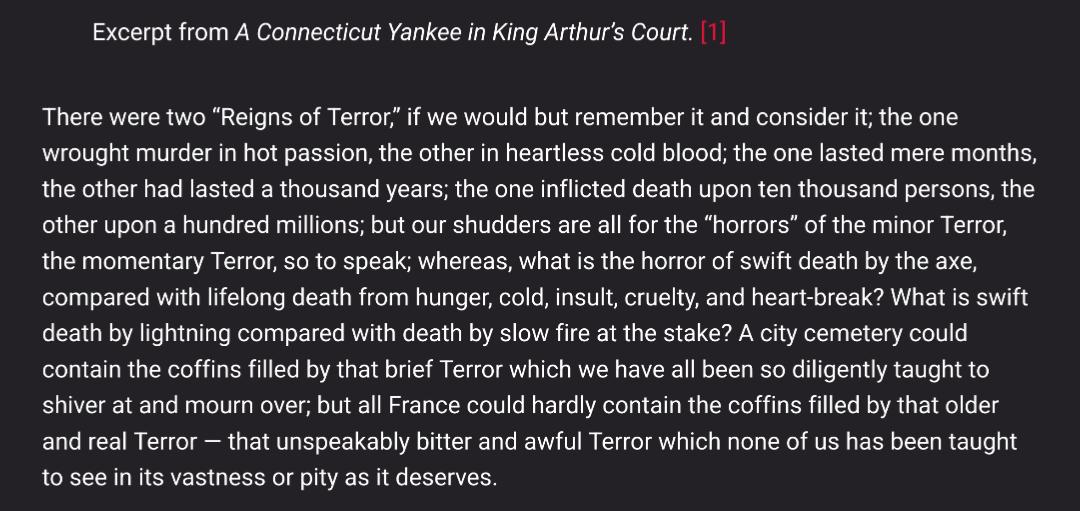 alicirce's tweet image. An entire thread on how to stop a Terror that never considers the centuries of cold-blooded Terror that preceded it.

Amusing to see tired 200-year-old discourse trotted out for 2024. 

Read Mark Twain instead: redsails.org/the-two-terror…