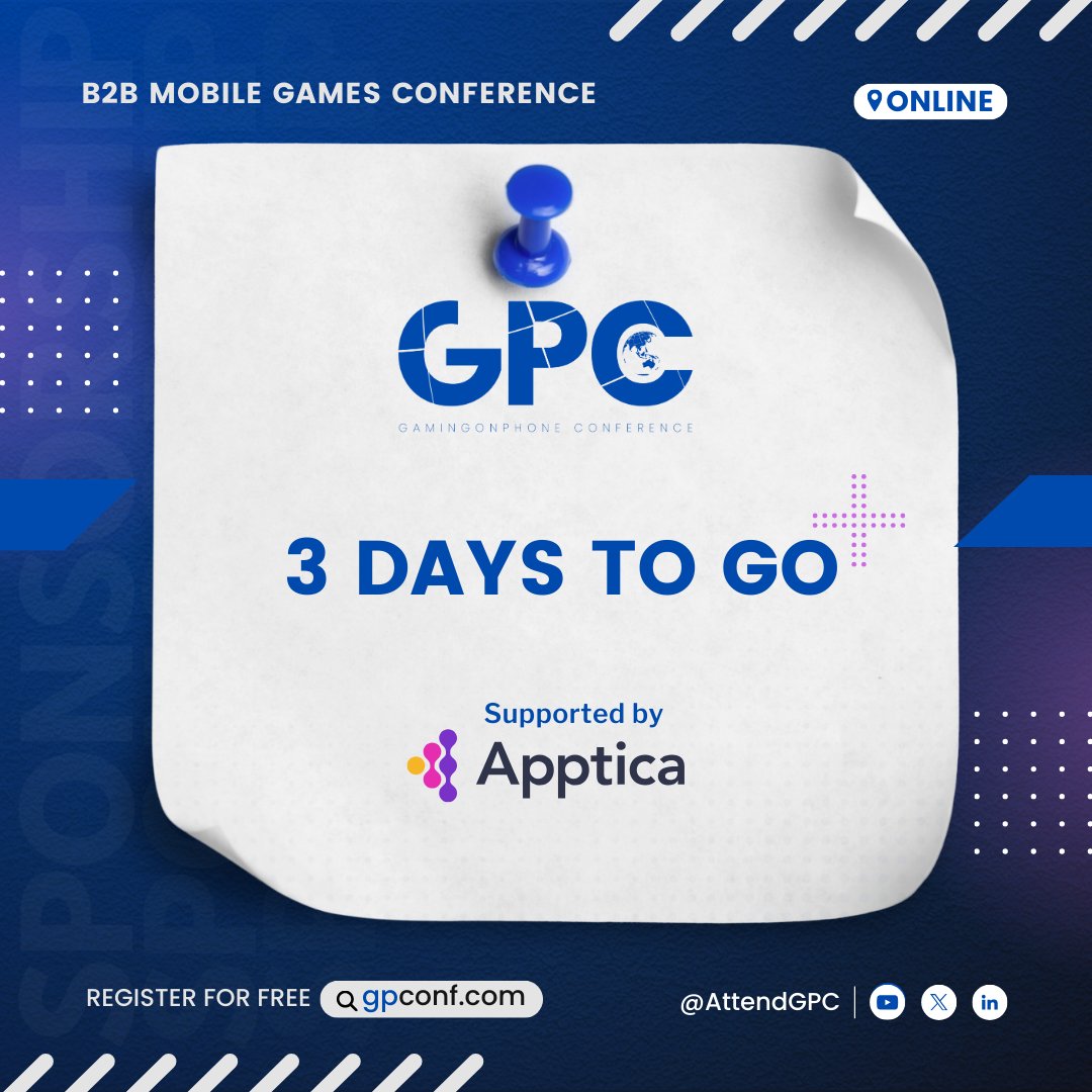 🚨 Last 3 days to go for the GamingonPhone Conference (GPC) Online! 🚨
 
Don’t miss out on the GPC Online, powered by <a href="/Apptica_com/">Apptica.com</a>, happening on September 18-19! 🎮🌍
 
Note: Detailed information will be sent via email to registered attendees.