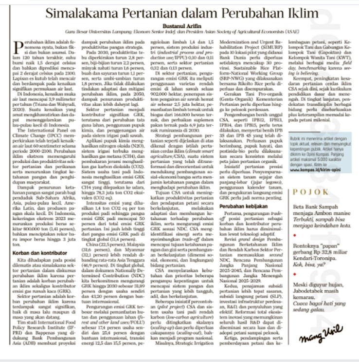 Izin share artikel saya pagi ini "Simalakama Pertanian dalam Perubahan Iklim" di Kompas, tanggal 14 September 2024. Saran dan komentar ditunggu. Terima kasih. 

Simalakama Pertanian dalam Perubahan Iklim - Kompas.id