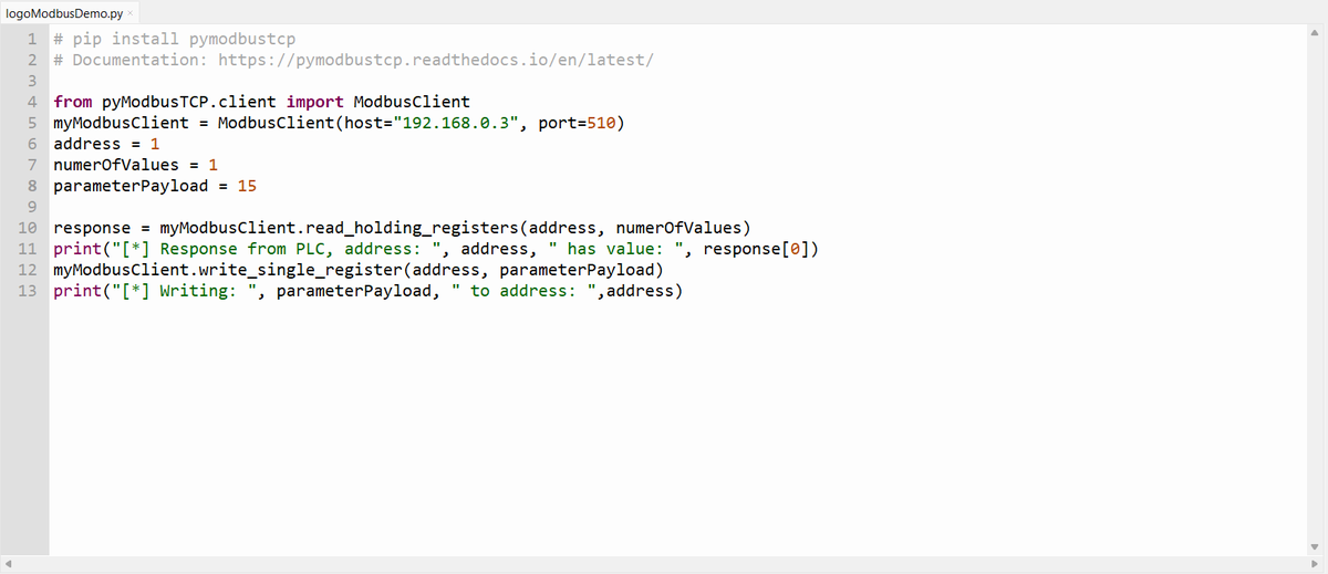 After explicitly enabling modbus and mapping blocks to memory, I can finaly remotely manipulate my PLC program through a python script :)