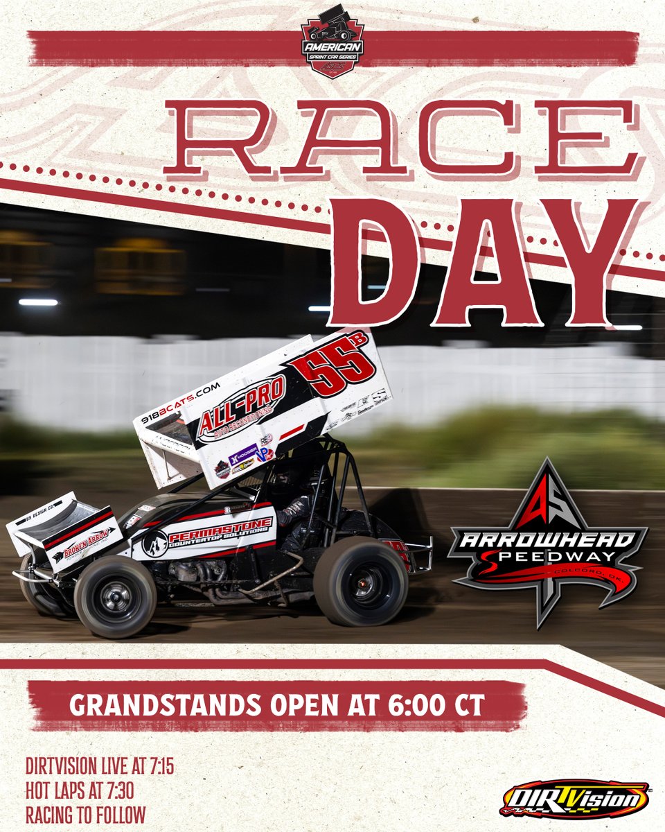 American Sprint Car Series (@ascsracing) on Twitter photo IT'S RACE DAY!
Ready to race for $10,000 at <a href="/ArrowheadSpeed/">Arrowhead Speedway</a>? ๐ค
๐ Colcord, OK
๐๏ธ Available at the gate
๐บ <a href="/dirtvision/">DIRTVision</a> at 7:15 CT IT'S RACE DAY!
Ready to race for $10,000 at <a href="/ArrowheadSpeed/">Arrowhead Speedway</a>? ๐ค
๐ Colcord, OK
๐๏ธ Available at the gate
๐บ <a href="/dirtvision/">DIRTVision</a> at 7:15 CT