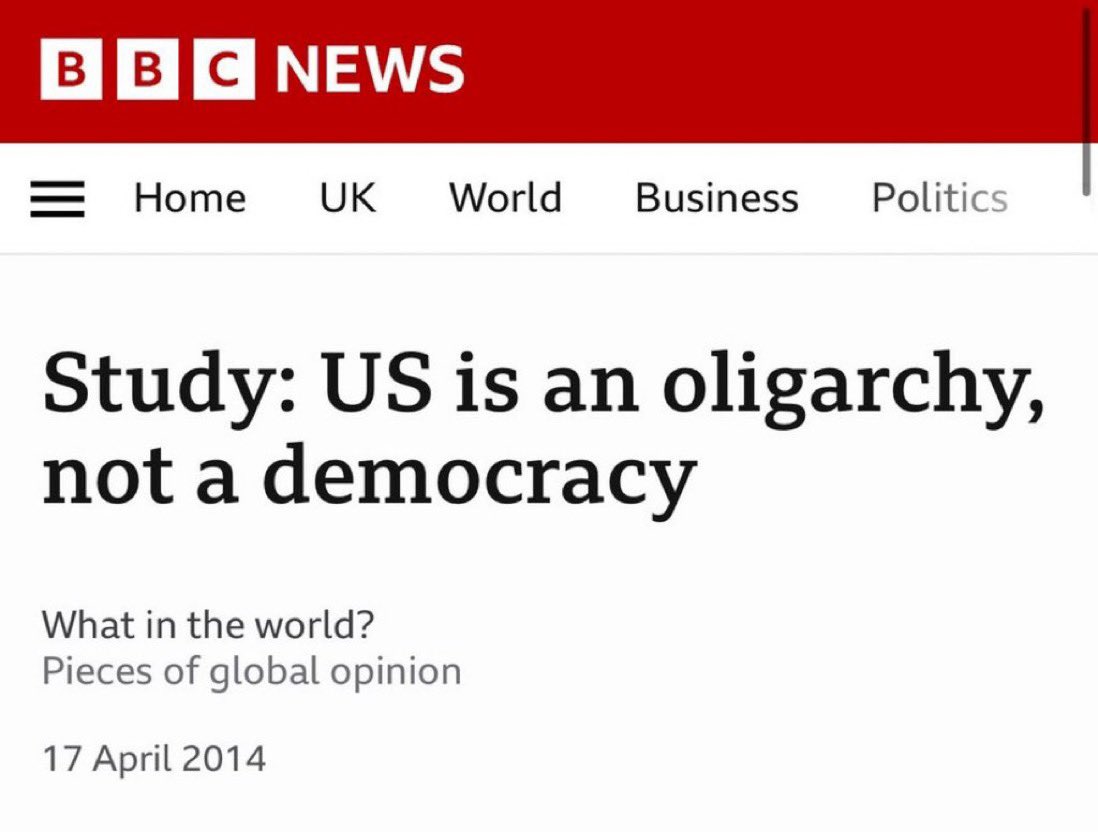 The US isn’t a democracy. 

Princeton University conducted a robust study on this and concluded that “average citizens and mass-based interest groups have little or no independent influence” on policy.

You are a genøcidal corporate oligarchy.