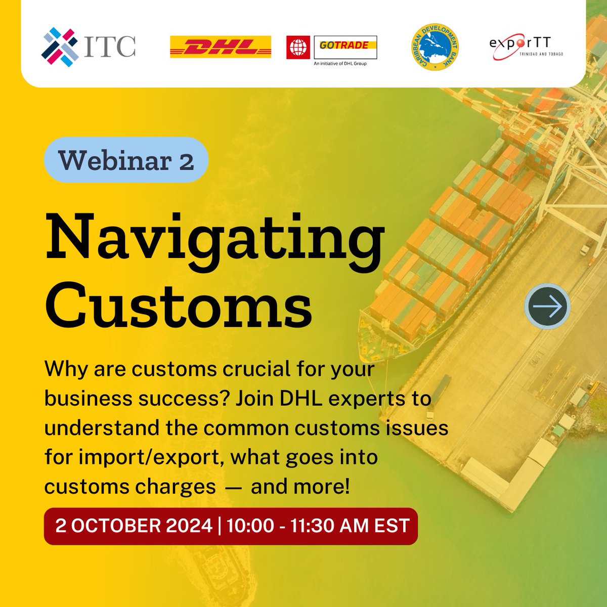 Caribank's tweet photo. C'bean women entrepreneurs! Strengthen your #SmallBusiness with expert knowledge in #logistics, business finance, & customs processes by joining our 3-part webinar series. Register! 🔗https://t.co/Blo1ajVYt7
Partners: @caribank, @ITC_SheTrades #SheTrades & @DHLexpress #GoTrade https://t.co/x3bB6llkOX
