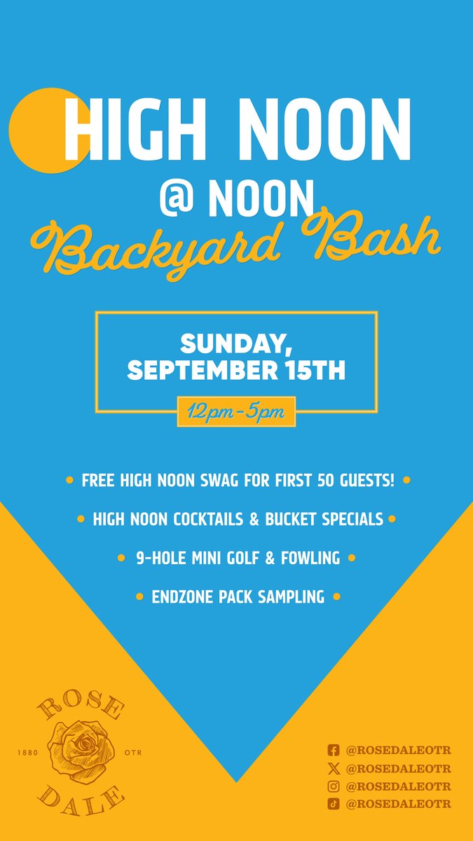 Checkout <a href="/RosedaleOTR/">Rosedale</a> for some fun in the sun during High Noon at Noon: Backyard Bash, an end-of-summer party at Rosedale OTR, on Sunday, September 15th, from 12pm - 5pm.

Facebook event: facebook.com/events/1217368…

 #BackyardBash #RosedaleOTR #HighNoon #EndOfSummer